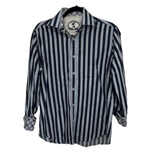Bugatchi Men’s Striped Long Sleeve Flip Cuff‎ Button Up Shirt Blue Size Small